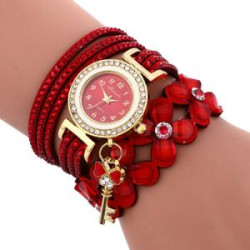 Red FULAIDA Round Dial Diamond Flower Bracelet Watch with Flower Shape Key Pendant